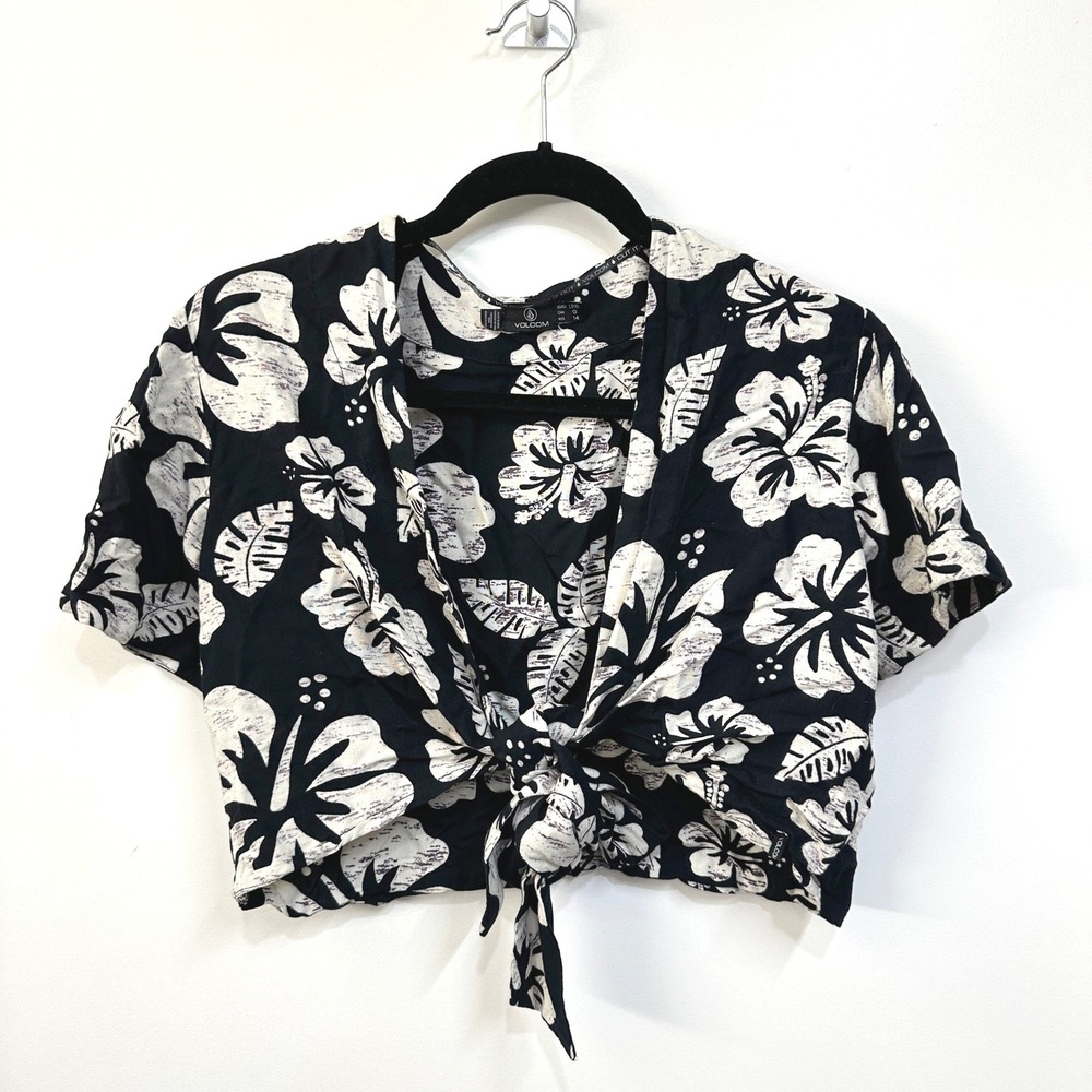 Volcom x Coco Ho Skillz Top L Black/White Floral Hawaiian Tie Front Crop